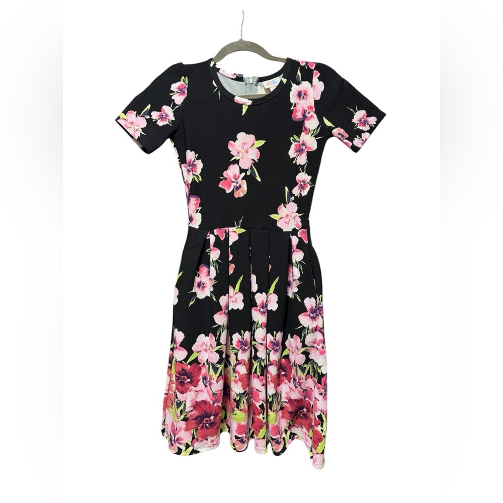 LuLaRoe Amelia Black Dress with Pink Floral Pattern